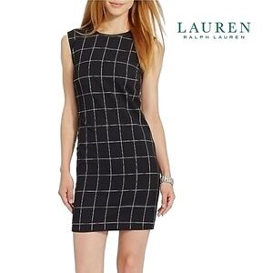 Ralph Lauren Rayon Blend Shift Dress Square Grid Pattern Sleeveless Leather Trim